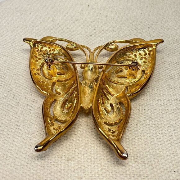Ornate Butterfly Brooch Pin Gold-Tone Sparkly Rhinestone 2.5" Statement - Picture 6 of 8